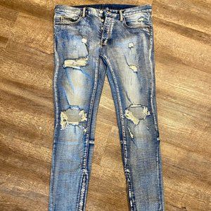 MNML Button Fly Skinny Distressed Jeans 34